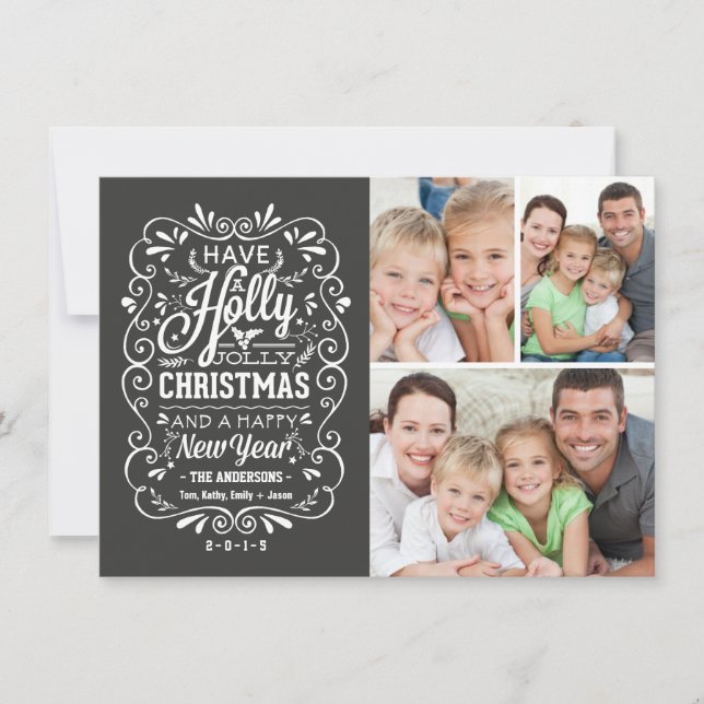 Holly Jolly Christmas Chalkboard Photo Collage Holiday Card (Front)