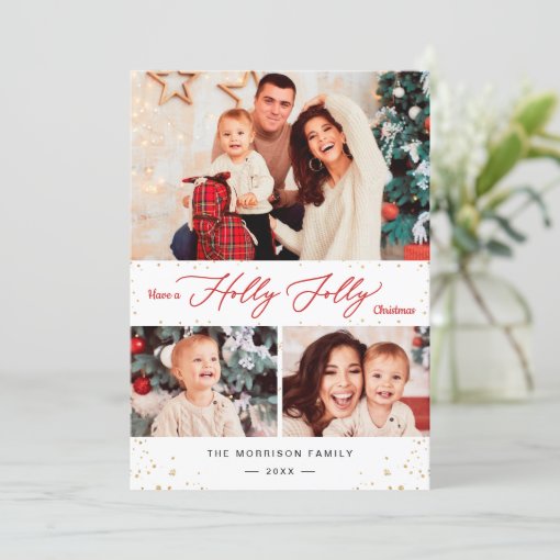 Holly Jolly Christmas Chic Gold Confetti 3 Photo Holiday Card | Zazzle