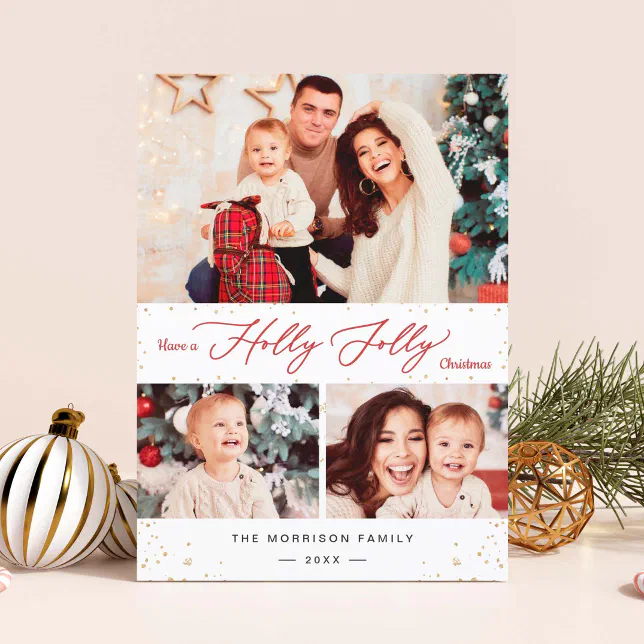 Holly Jolly Christmas Chic Gold Confetti 3 Photo Holiday Card | Zazzle