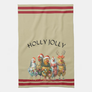 Holly Jolly - Christmas Chickens With Santa Hats Kitchen Towel