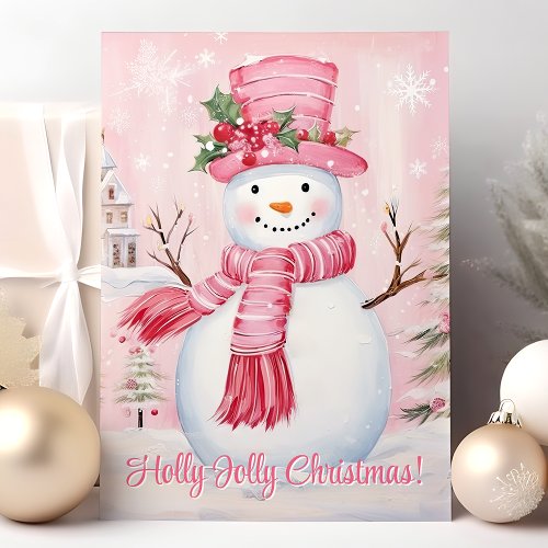 Holly Jolly Christmas Cute Pink Snowman Holiday Card