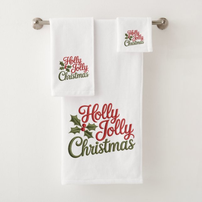 Holly Jolly Christmas  Embroidery Typography Bath Towel Set (Insitu)