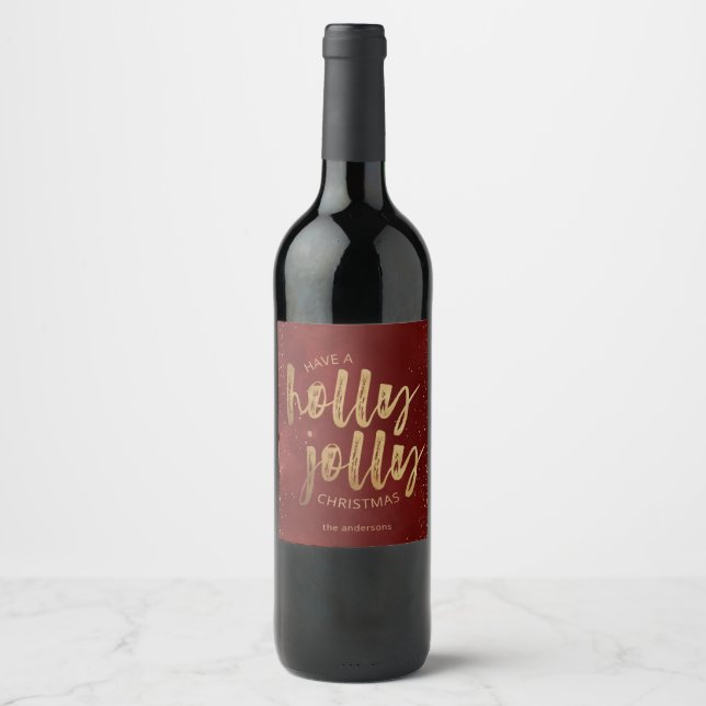 holly jolly christmas faux foil brush script wine label (Front)