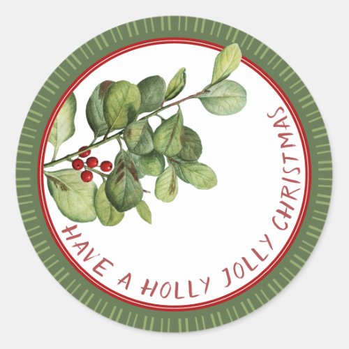 Holly Jolly Christmas French holly with berries Classic Round Sticker