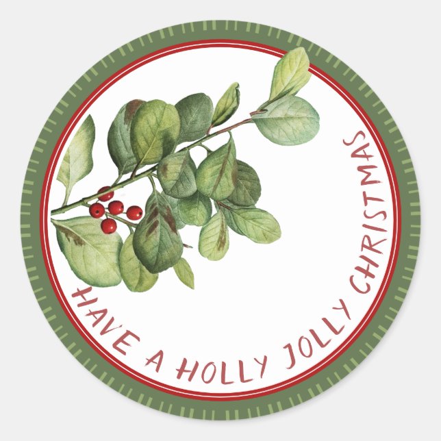 Holly Jolly Christmas French holly with berries Classic Round Sticker (Front)