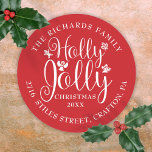 Holly Jolly Christmas Holidays Name Address Classic Round Sticker<br><div class="desc">Festive Holly Jolly Christmas holidays return address labels for you to personalize with your message,  year,  family name and address details. You can even customize the background color to match your holiday theme. Designed by Thisisnotme©</div>