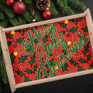 Holly Jolly Christmas Illustrated Pattern Serving Tray