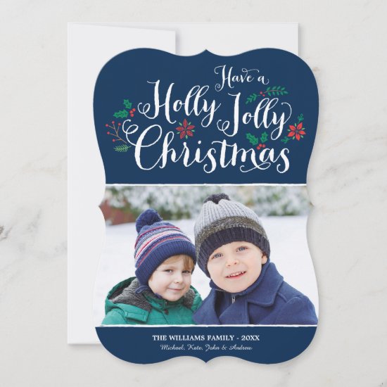 Holly Jolly Christmas | Navy Blue Photo Holiday Card