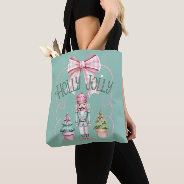 Holly Jolly Christmas Nutcracker Coquette Preppy Tote Bag (Close Up)