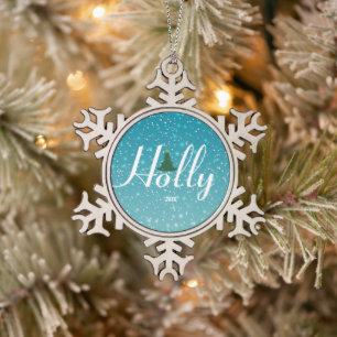Holly Jolly Christmas Ornament, Custom Snowflake Pewter Christmas Ornament