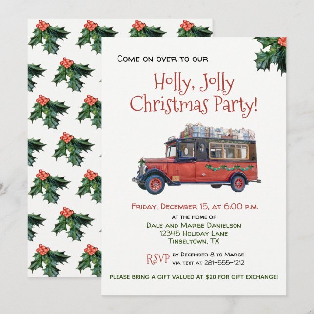 Holly Jolly Christmas Party Vintage Bus Invitation (Front/Back)