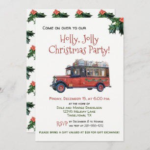 Holly Jolly Christmas Party Vintage Bus Invitation