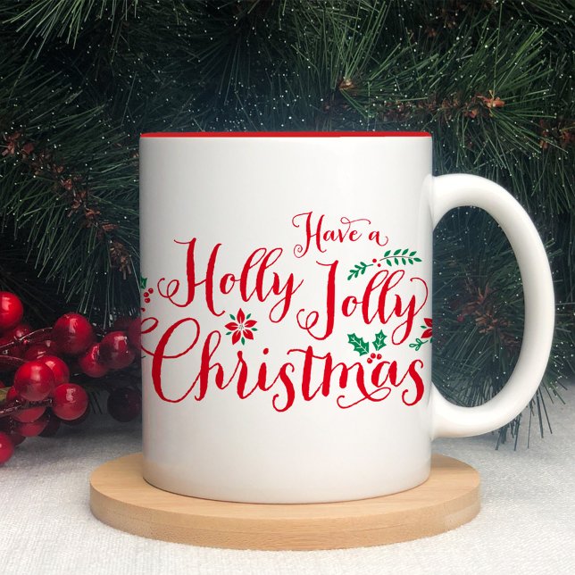 Holly Jolly Christmas Red Script Holiday Two-Tone Coffee Mug (Creator Uploaded)