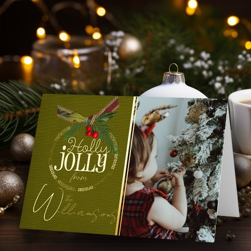 Holly Jolly Christmas Red With Holly Berry Gold  Foil Holiday Card