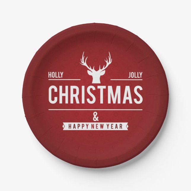 Holly Jolly Christmas Reindeer | Holidays Paper Plates (Front)