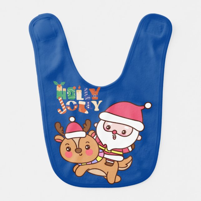 Holly Jolly Christmas Santa Riding Reindeer Baby Bib (Front)