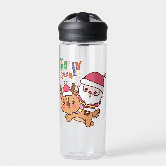 Holly Jolly Christmas Santa Riding Reindeer Water Bottle (Front)
