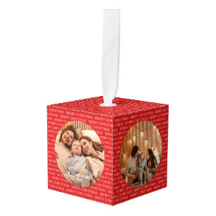 Holly Jolly Christmas Script 3 Family Photos Red Cube Ornament