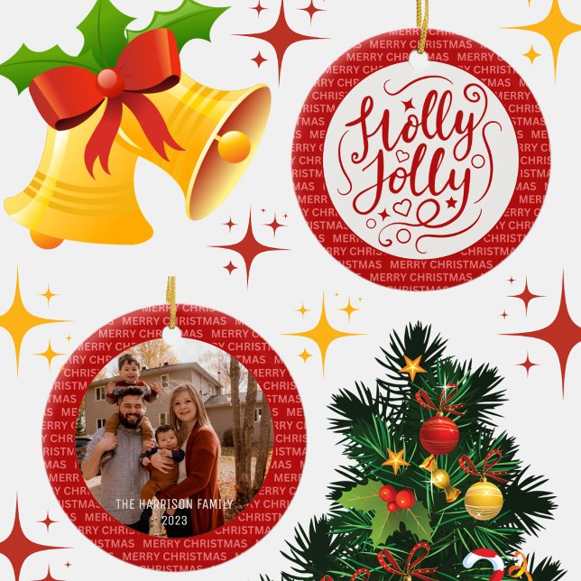 Holly Jolly Christmas Script Family Photo Red Ceramic Ornament (Creator Uploaded)