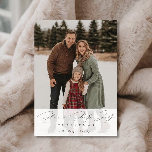 Holly Jolly Christmas Script Snowy Family Photo Holiday Card (Creator Uploaded)