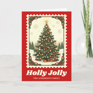 Holly Jolly Christmas Tree Postage Stamp Holiday Card