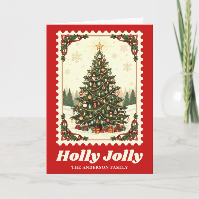 Holly Jolly Christmas Tree Postage Stamp Holiday Card (Front)