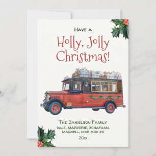 Holly Jolly Christmas Vintage Red Bus Christmas Holiday Card