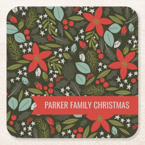 Holly Jolly Christmas Winter Pattern Square Paper Coaster