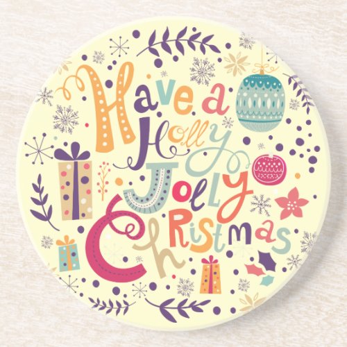 Holly Jolly Colorful Retro Christmas Design Sandstone Coaster