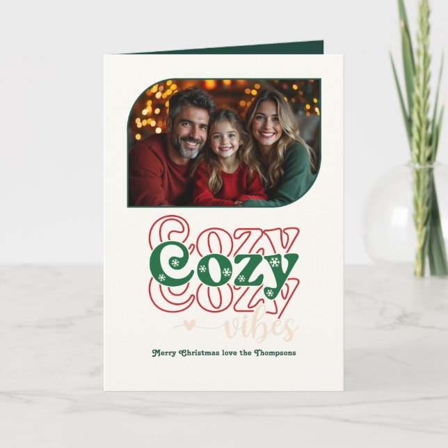 Holly Jolly Cozy Vibes Retro Christmas Photo Holiday Card (Front)