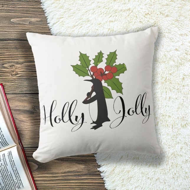Holly Jolly Cute Funny Penguin Christmas Holiday Throw Pillow (Creator Uploaded)
