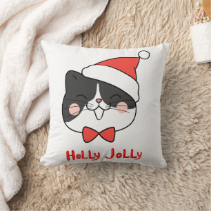 Holly Jolly Cute Kawaii Santa Cat Throw Pillow