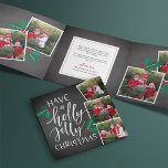 Holly Jolly | Cute Rustic Multi Photo Tri-Fold Holiday Card<br><div class="desc">Add a total of eight photos to this festive, rustic holiday photo card design in a unique trifold layout adorned with red and green holly sprigs on a chalkboard background. Front holds three square photos with "have a holly jolly Christmas" in hand lettered script typography. Personalize the inside with a...</div>
