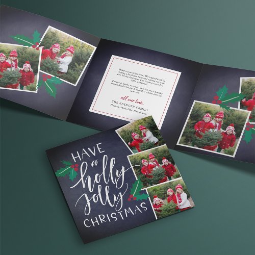 Holly Jolly  Cute Rustic Multi Photo Tri_Fold Holiday Card