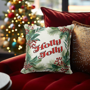 "Holly Jolly" Decorative Christmas Script & Holly Throw Pillow