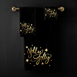 Holly Jolly Elegant Gold Faux Foil Script Bath Towel Set