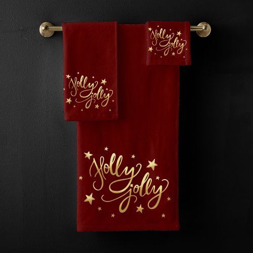 Holly Jolly  Elegant Gold Faux Foil Script Bath Towel Set