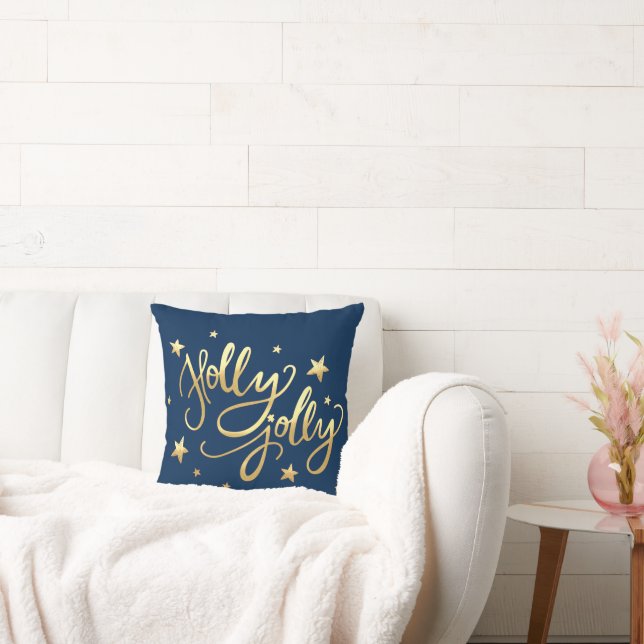 Holly Jolly | Elegant Gold Faux Foil Script Blue Throw Pillow (Couch)