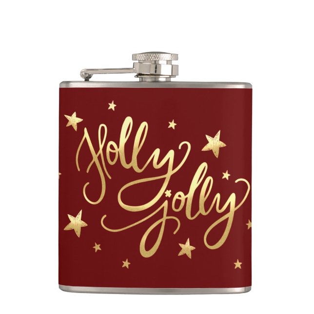 Holly Jolly | Elegant Gold Faux Foil Script Flask (Front)