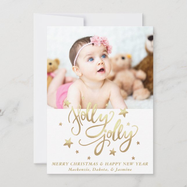 Holly Jolly | Elegant Gold Faux Foil Script Holiday Card (Front)