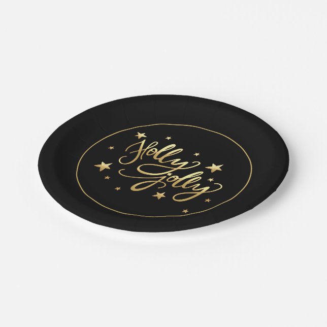 Holly Jolly | Elegant Gold Faux Foil Script Paper Plates (Angled)