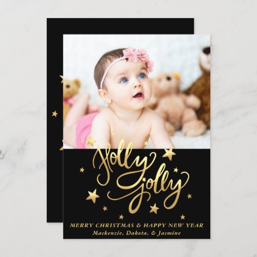 Holly Jolly  Elegant Gold Faux Foil Script Photo Holiday Card