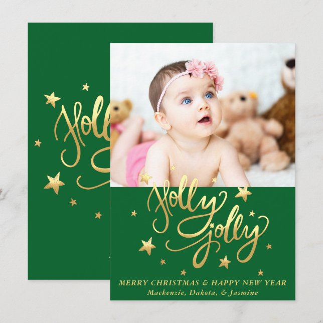 Holly Jolly | Elegant Gold Faux Foil Script Photo Holiday Card (Front/Back)