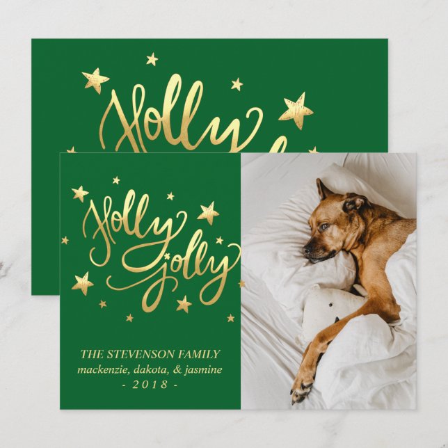 Holly Jolly | Elegant Gold Faux Foil Script Photo Holiday Card (Front/Back)