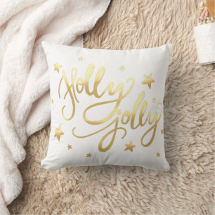 Holly Jolly Elegant Gold Faux Foil Script White Throw Pillow