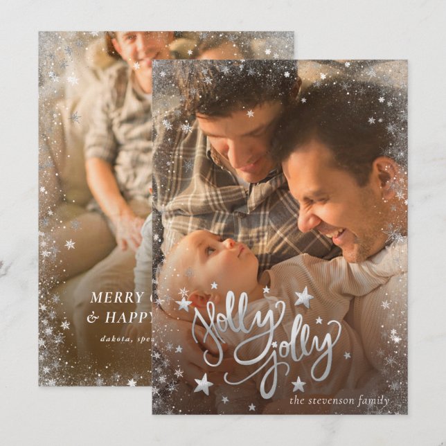 Holly Jolly | Elegant Silver Faux Foil 2 Photo Holiday Card (Front/Back)