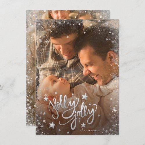 Holly Jolly  Elegant Silver Faux Foil 2 Photo Holiday Card
