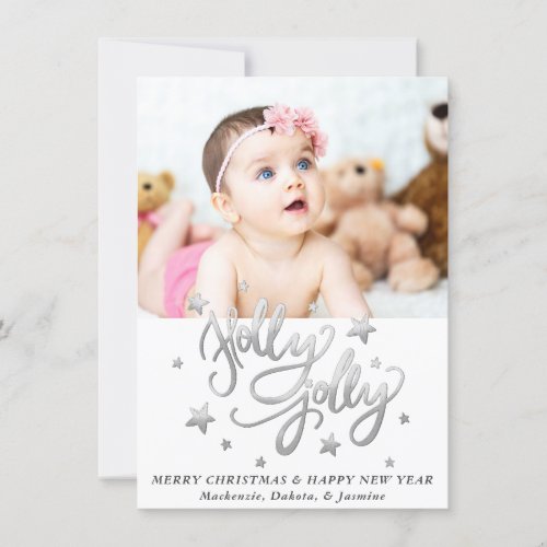 Holly Jolly  Elegant Silver Faux Foil Photo Holiday Card