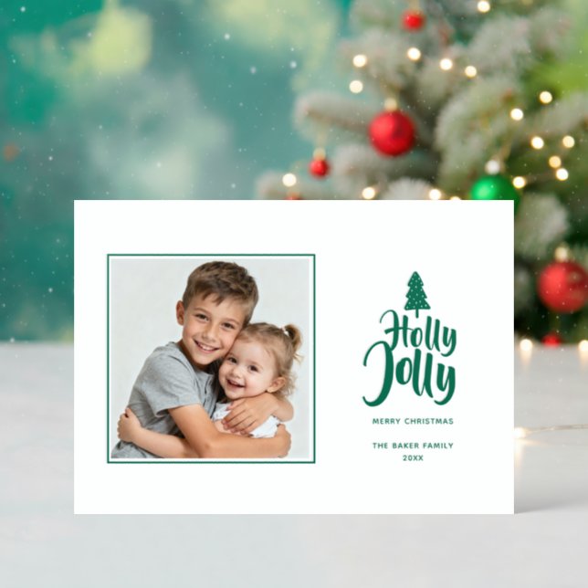 Holly Jolly Family Christmas Holidays Letterpress Photo Cards (Front (Into))