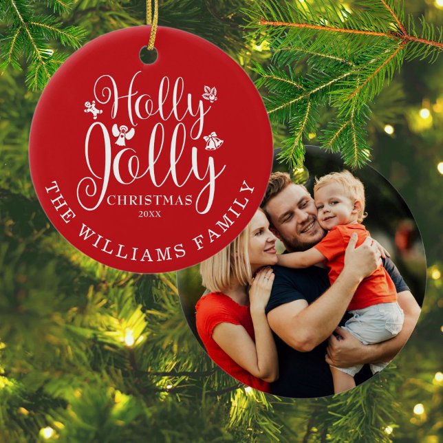 Holly Jolly Family Name Photo Christmas Holidays Ceramic Ornament (Holly Jolly Family Name Photo Christmas Holidays Ceramic Ornament)